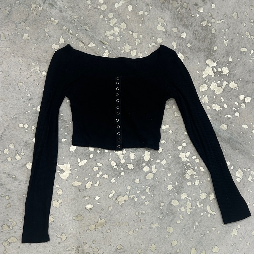 Black Long Sleeve Button-Up Top